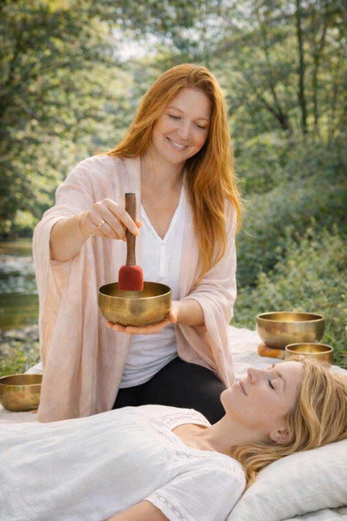 Cette image évoque un voyage sonore inspiré des traditions tibétaines, offrant une parenthèse hors du temps propice à la détente profonde et au recentrage intérieur. Portée par les vibrations des bols tibétains, des sons ancestraux et des silences habités, cette expérience favorise l’apaisement du corps, le calme de l’esprit et le ressourcement intérieur, dans un cadre chaleureux et bienveillant. recentrage intérieur détente corporelle et mentale apaisement du stress méditation sonore bien-être holistique reconnexion à soi